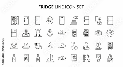 Refrigerator Line Icon Set with Freezers, Cooling, Food Preservation, Temperature Control, and Energy Efficiency Symbols in Modern Outline Style.