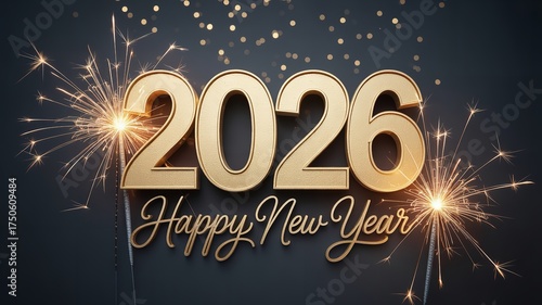 Elegant 2026 happy new year golden text with sparklers on a dark background for festive celebration