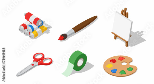 Isometric illustration of various art and craft supplies including paints, brush, easel, scissors, tape, and palette, perfect for creative projects and artistic hobbies.