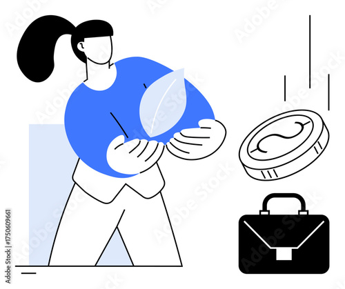Person holding leaf symbolizing sustainability, accompanied by a coin and briefcase. Ideal for ecology, green business, eco-investment, corporate responsibility, financial growth