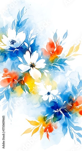 Watercolor Floral Abstraction - Delicate Blooms in Blue, Orange, and White.