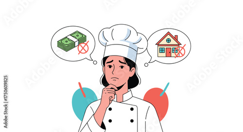 Chef contemplating financial and housing decisions with a thoughtful expression.