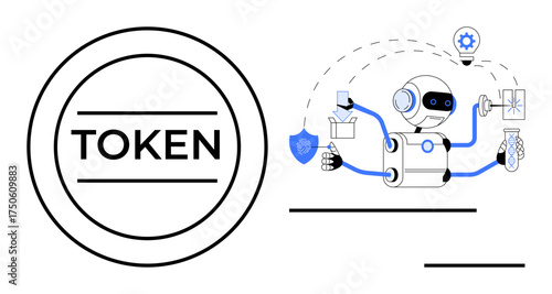 Robot multitasking with digital token, shield, gear, data, test tube, emphasizing automation, blockchain, and security. Ideal for AI tech cryptocurrency NFTs IoT protection innovation simple