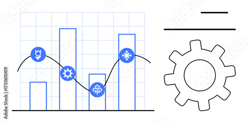 Bar graph marked with seasonal icons, fluctuating trend line, background grid, and gear symbol. Ideal for analytics, statistics, performance, trends process optimization efficiency. Simple flat