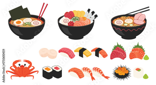 A delightful selection of pixel art Japanese food including ramen sushi and seafood dishes.