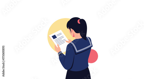A young woman in a school uniform reads a document carefully.