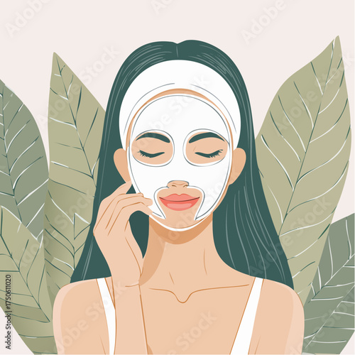A woman with a sheet face mask and headband relaxing amidst green leaves.