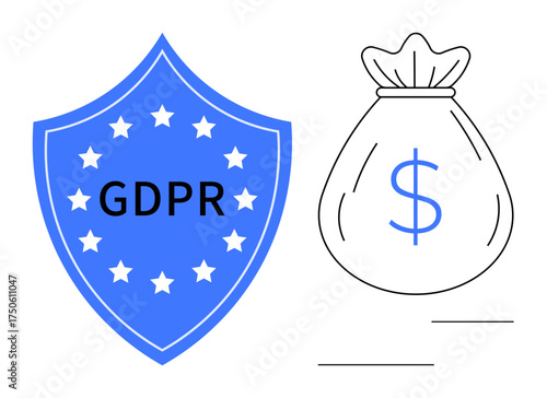 Blue shield with GDPR text and stars represents data protection. Money bag with dollar sign symbolizes monetary impact. Ideal for cybersecurity, finance, compliance, law, technology, risk management
