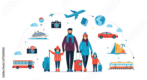 A family embarking on a winter vacation adventure with various modes of transport illustrated around them.