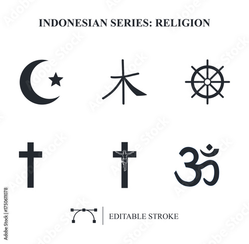 set of religious symbols. The set of icons of Indonesia series of state-recognized religions, consists of Islam, Catholicism, Protestant Christianity, Hinduism, Buddhism, and Confucianism.