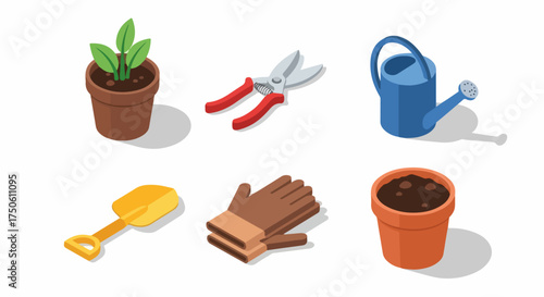 Isometric collection of essential gardening tools and supplies, including a potted plant, watering can, pruning shears, shovel, gloves, and empty pot, ready for cultivation.