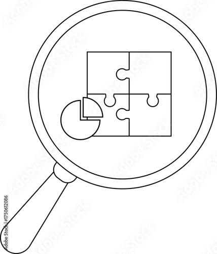 A magnifying glass zooms in on a jigsaw puzzle with a pie chart segment placed near it