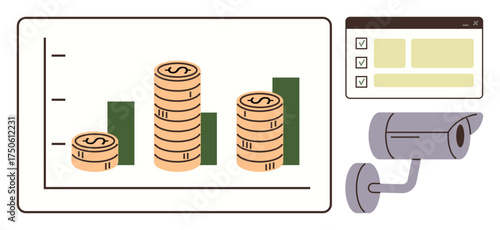 Coin stacks and bar graph on a chart, checklist interface, and CCTV camera symbolizing financial growth, security, monitoring, and planning. Ideal for fintech, analytics, planning security