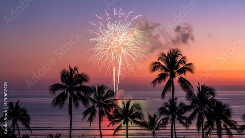 Fireworks exploding over tropical palm trees at sunset with colorful sky and ocean view in the background