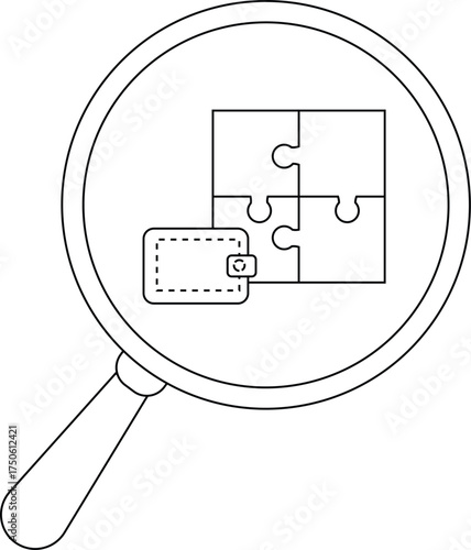 Magnifying glass shows a wallet and a fourpiece jigsaw puzzle