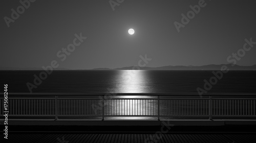 from a bridge, looking out over a calm ocean illuminated by bright moonlight
