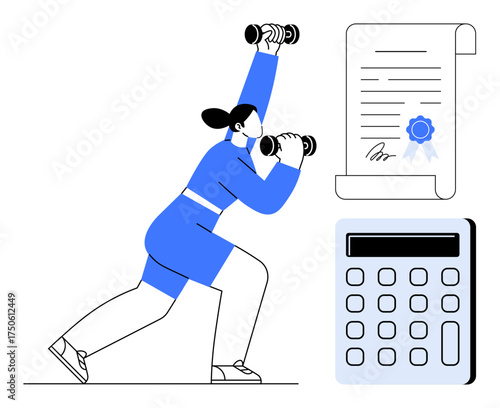 Female lifting dumbbells in active pose, certified document with stamp, and calculator. Ideal for fitness, finance, motivation, goal achievement, success health tracking productivity. Simple flat