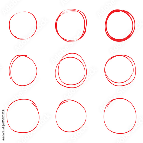 Collection of red handdrawn scribble circles isolated on transparent background