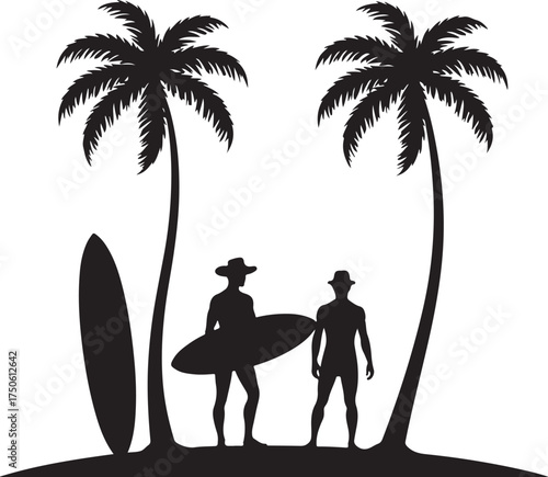 Two men with surfboards and palm trees silhouette beach
