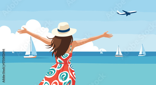 A woman in a hat and dress embraces the ocean with her arms outstretched towards the sky.