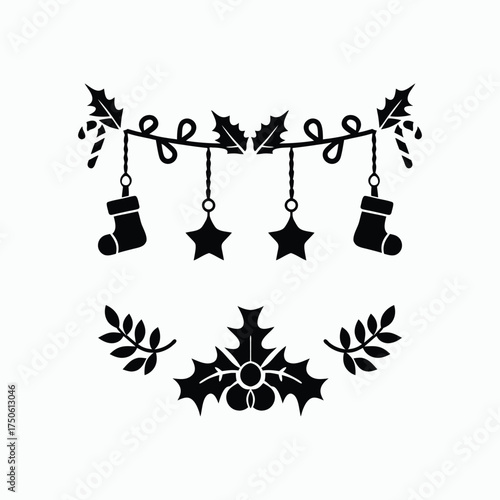 Christmas Garland Holly Stocking Star Decoration Vector Illustration.