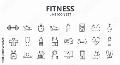 Fitness and Workout Line Icon Set: Dumbbells, Sneakers, Trackers, Yoga Mats, and More Gym Equipment for Healthy Living