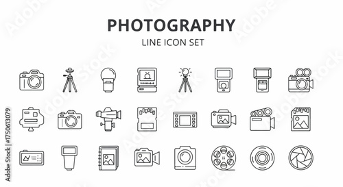 A comprehensive line icon set showcasing various photography and videography equipment and accessories, perfect for digital design and creative projects.