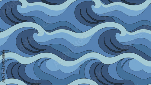 Stylized ocean waves in varying shades of blue creating a seamless repeating pattern design element