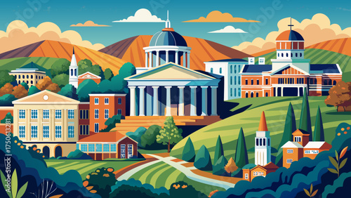 Very beautiful buildings of the University of Virginia and downtown Charlottesville, vector-style composition blending history, learning, and scenic balance.