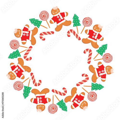 Christmas frame with gingerbread man, candy cane, lollipops in the shape of a spruce tree and spiral. Cartoon objects on white background. Red, green, beige, pink colors. Vector design with copy space
