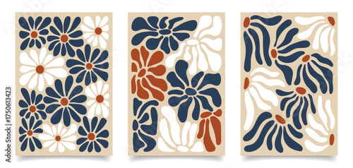 Set of abstract cards with floral motifs. Contemporary tapestries with flowers and plants.	