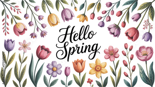 Hello spring text with watercolor floral border featuring tulips and other spring blooms on white