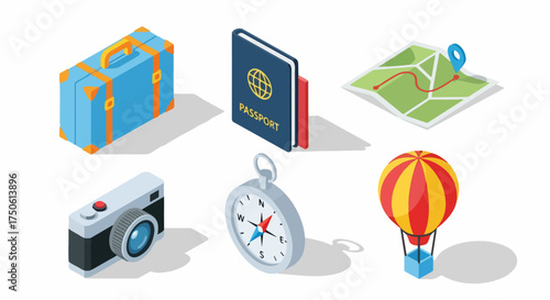 Isometric travel icons collection featuring suitcase, passport, map, camera, compass, and hot air balloon, perfect for global adventure concepts.