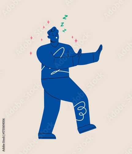 Man walks in a dream. Somnambulism concept. Colorful vector illustration