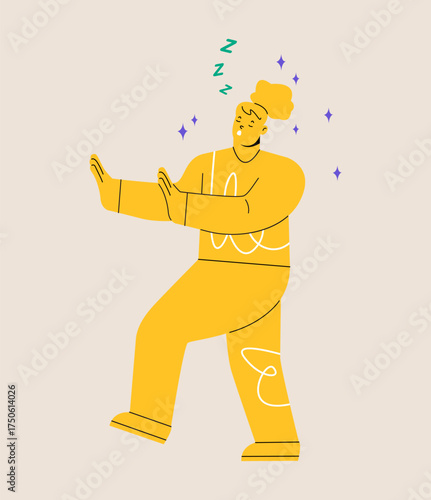 Woman walks in a dream. Somnambulism concept. Colorful vector illustration