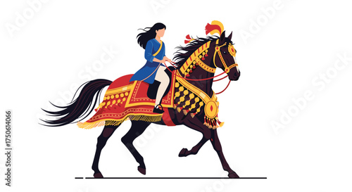 A woman in traditional attire rides a richly adorned horse during a parade.