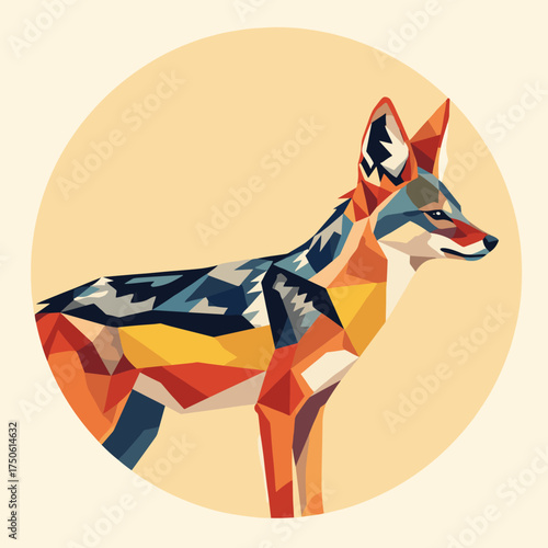 An artistic low-poly depiction of an elegant African jackal, presented with sharp geometric lines and a vibrant, multi-colored texture against a soft background.