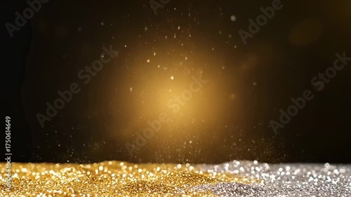 Golden and Silver Glitter Sparkles Exploding and Falling on a Dark Background
