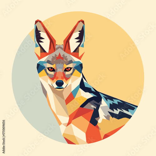 A vibrant, abstract illustration of an African jackal, rendered in a modern low-poly geometric style, showcasing colorful patterns and wild beauty.