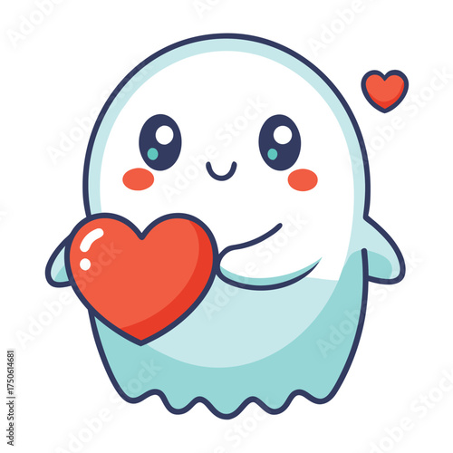 Cute ghost holding red heart with blush cheeks love
