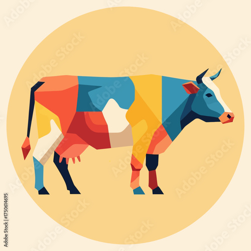 A vibrant and modern abstract illustration of a cow, rendered in a striking low poly geometric style, featuring a beautiful multi-colored mosaic pattern.