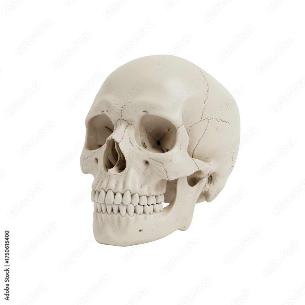 Obraz premium Anatomical depiction of a human skull on transparent isolated backdrop, detailed bone structure