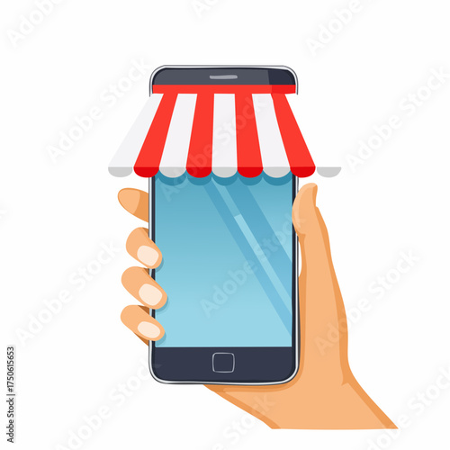 Smartphone with awning. Hand holding cellphone with red striped storefront tent. Online shopping, mobile commerce, ecommerce marketplace element.