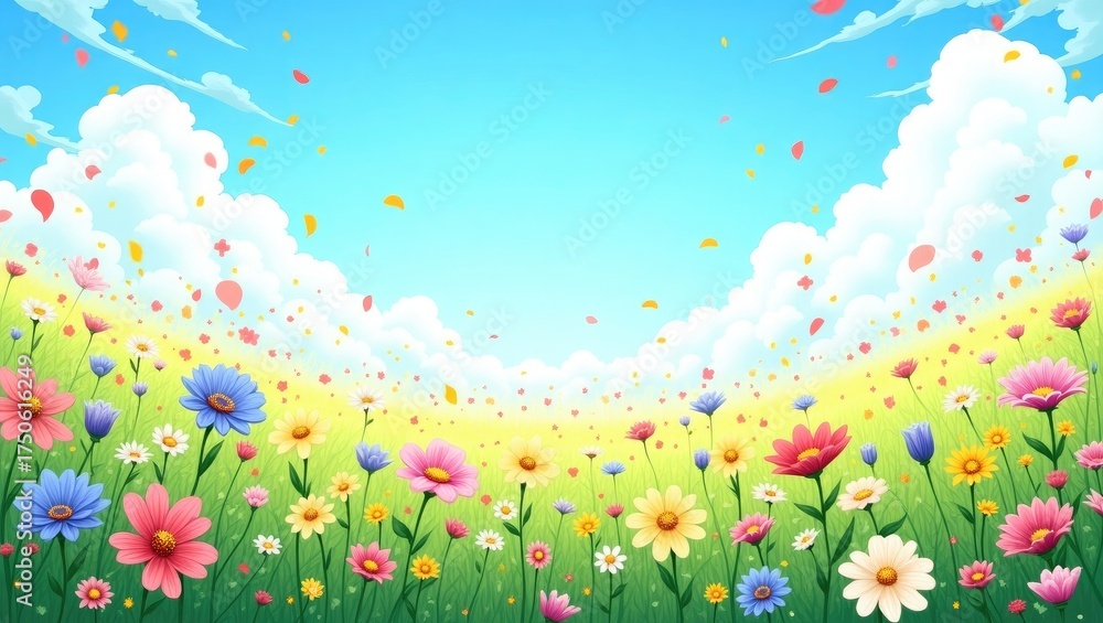 Fototapeta premium Blooming flowers of various colors, including pink, blue, and yellow, populate a lush green meadow under a bright blue sky filled with fluffy white clouds and scattered petals, creating a vibrant,...