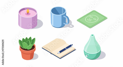 Isometric illustration of self-care and relaxation items: candle, mug, face mask, plant, notebook, and diffuser for a calm home routine.