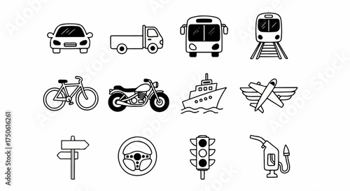 Hand-drawn doodle icons of diverse transportation modes and road elements, including cars, trucks, buses, trains, bikes, ships, airplanes, traffic lights, and fuel pumps.