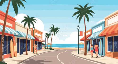 A quaint beach town street lined with shops and palm trees leading to the ocean.