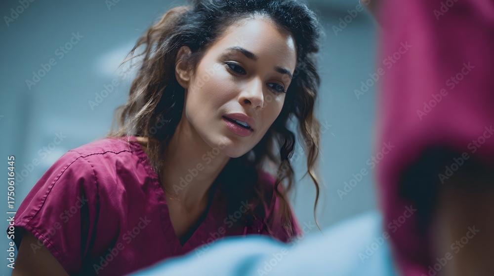 Fototapeta premium A compassionate nurse in maroon scrubs shows deep concern while attending to a patient in a medical facility