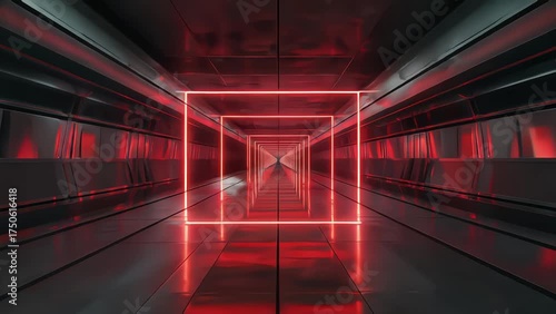 Futuristic Sci-Fi Tunnel with Red and Cyan Neon Lights