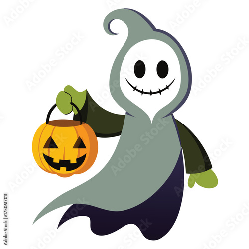 Ghost character holding a pumpkin lantern halloween